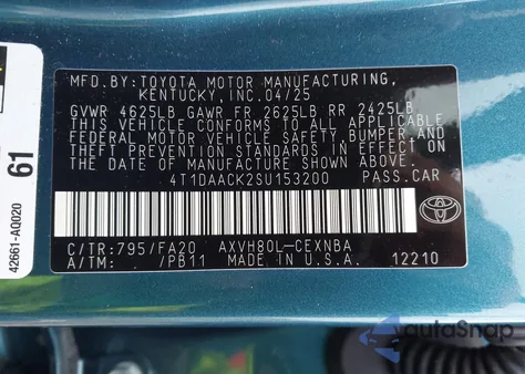 2025 Toyota Camry Le z USA, uszkodzony, nr VIN 4T1DAACK2SU153200